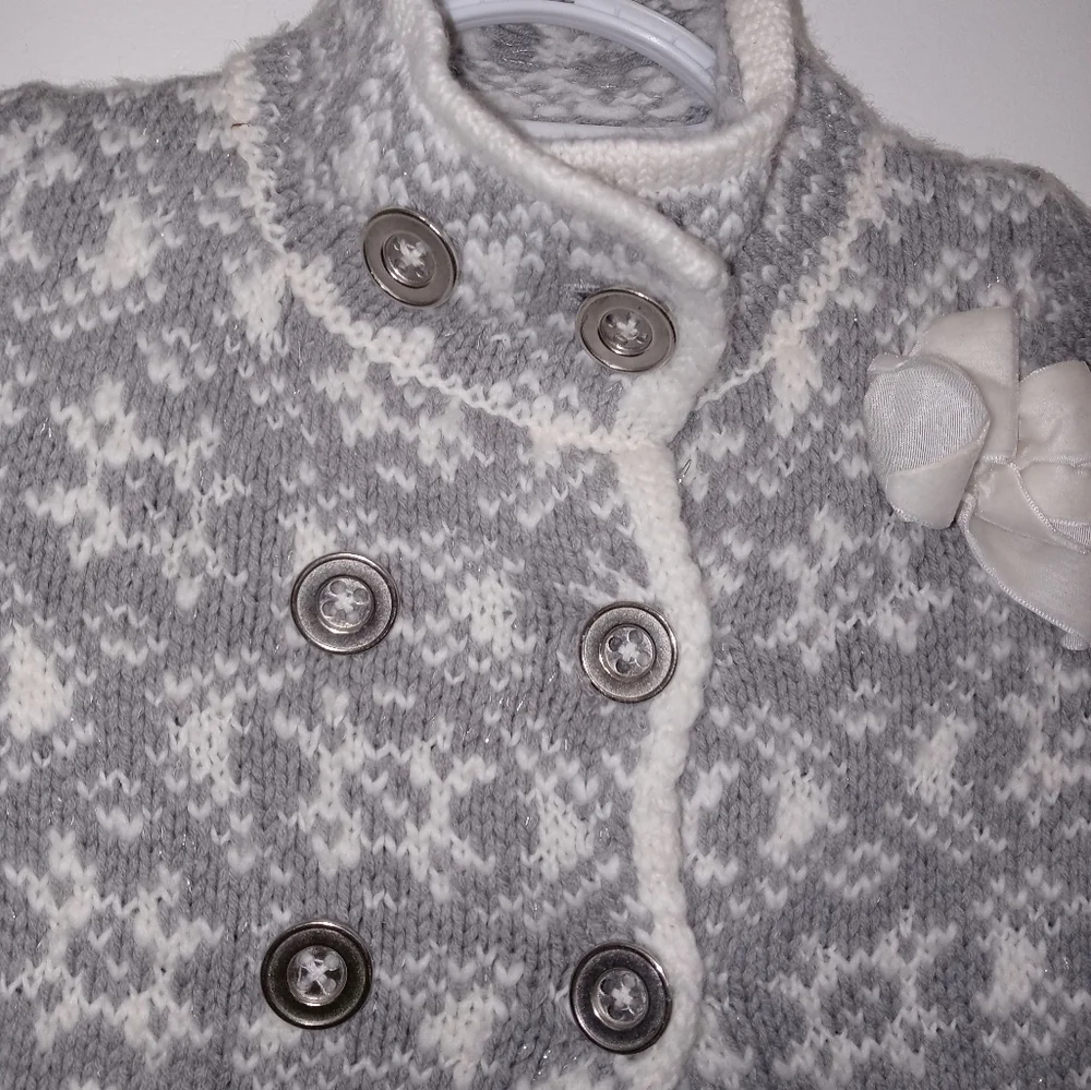 TAHARI GIRLS 4 WOOL BLEND 3 BUTTON CABLE KNIT CARDIGAN SNOWFLAKE SWEATER W BOW